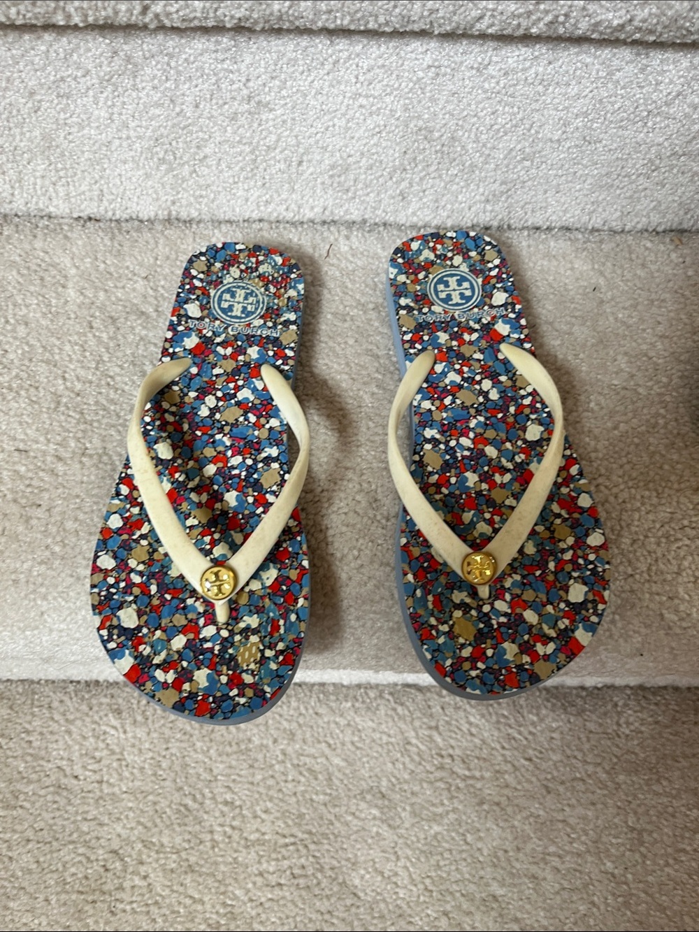 Tory Burch Multicolor Speckle Print Flip Flops with Cream Straps
